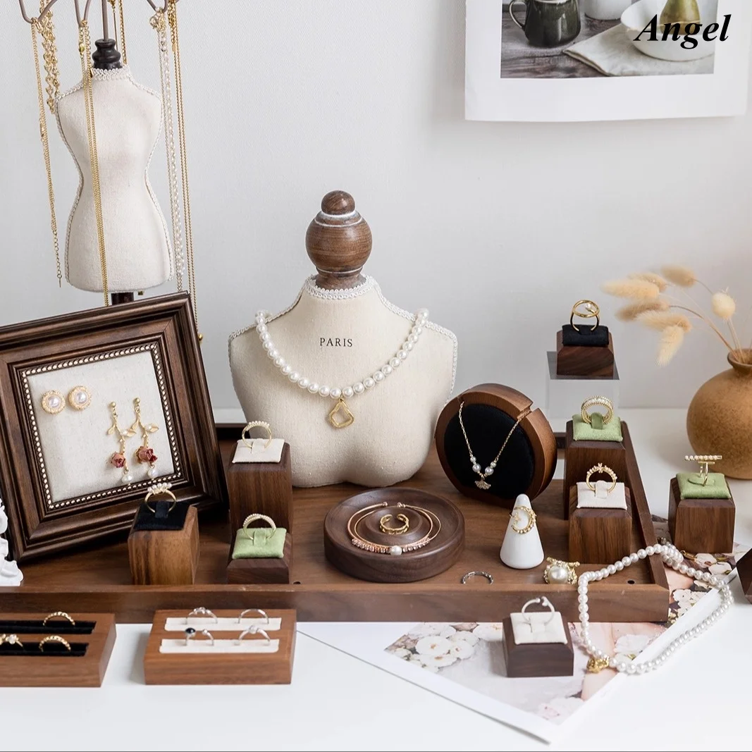 

Vintage Walnut Wood Jewelry Display Stand, Multi-Functional Ring Holder Necklace Earring Organizer for Counter Photo Prop
