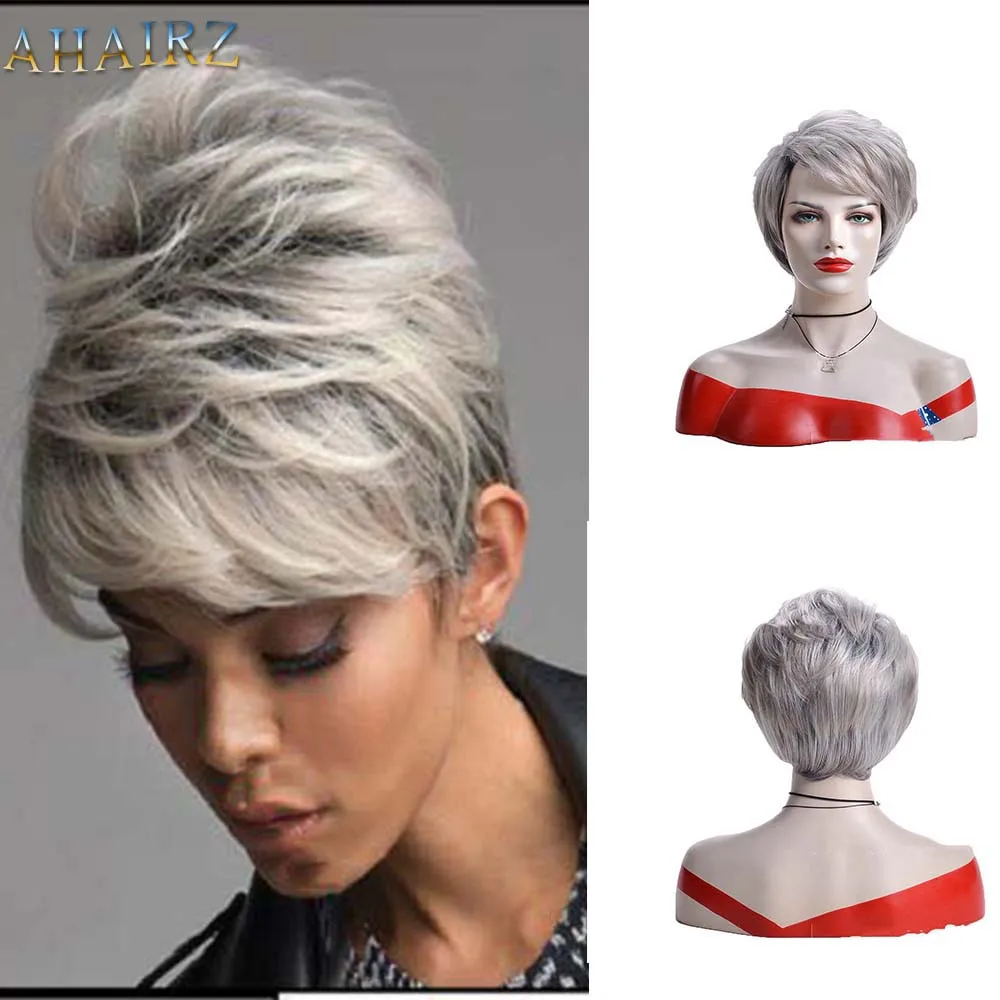 Perruques synthétiques courtes avec frange pour femmes, coupe Pixie, cheveux soyeux, gris argenté, ombré, perruques naturelles de fête