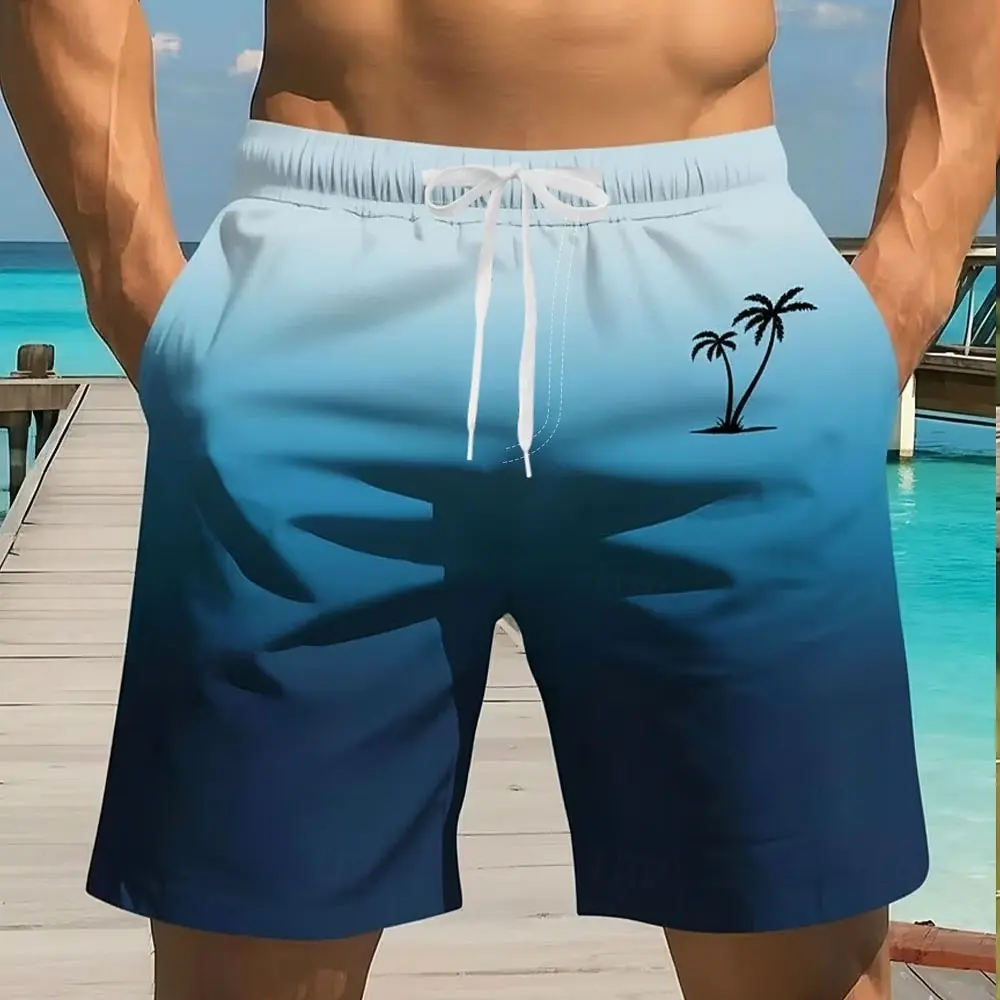 

Men's Coconut Tree Gradient Tropical Beach Shorts, Mid Waist Board Shorts, Elastic Drawstring, Hawaiian Vacation Wear