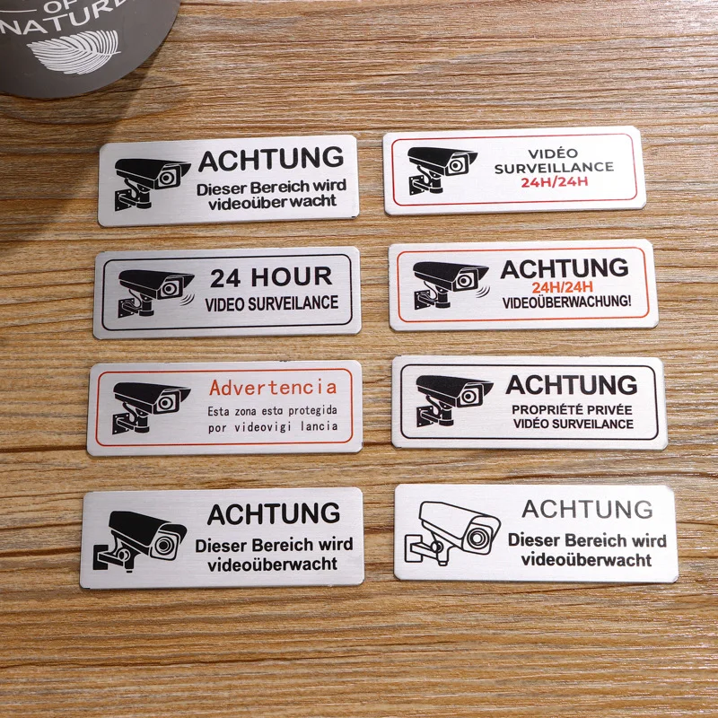 8.5x3cm Video surveillance notice sign - 24 hour camera warning - aluminum self-adhesive security sign - public area wall decal