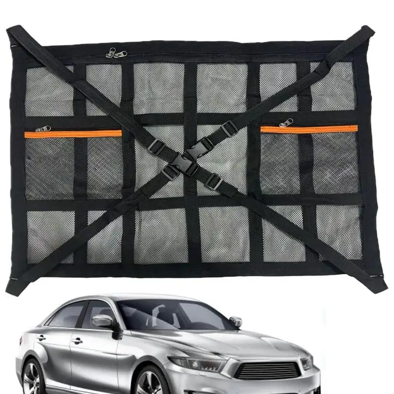 Car Ceiling Cargo Net Pocket Ceiling Net Long Trip Organizer Adjustable Double-Layer Organizer With Zip Interior Accessories For