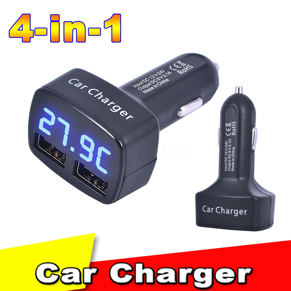 4 in 1 Dual USB Output Car Charger Phone Power Adapter Digital Voltmeter Current Tester Thermometer Display 3.1A Universal