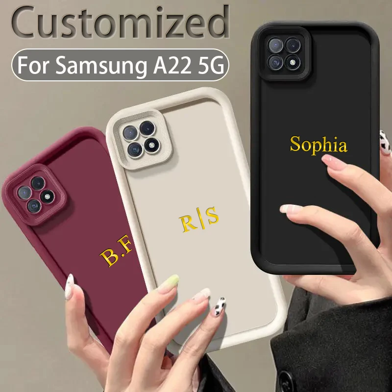 For Samsung Galaxy A22 5G Personalized Custom Name Case A22 DIY Engraved Initials Candy Bumper Shockproof Protective Cover A22