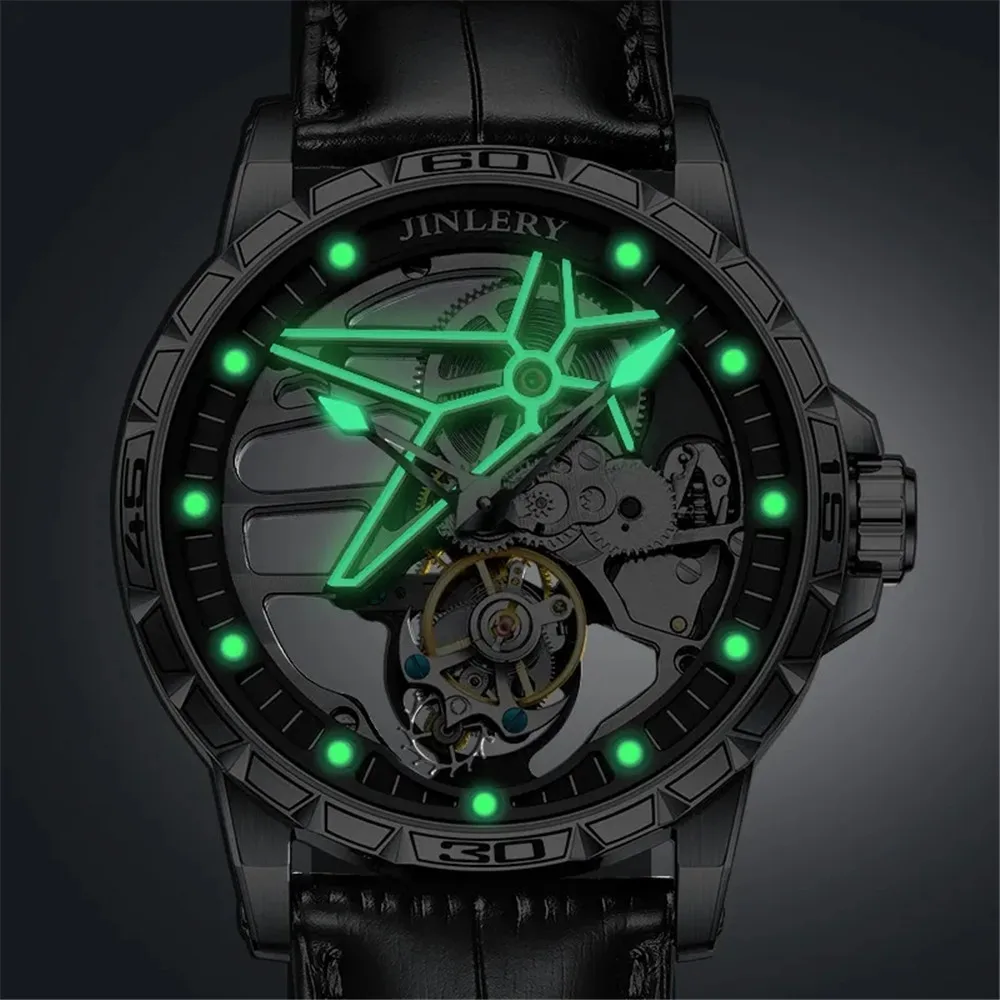 JINLERY Tourbillon reloj mecánico de cuerda a mano reloj de pulsera para hombre cristal de zafiro esqueleto para hombre relojes impermeables reloj Masculino