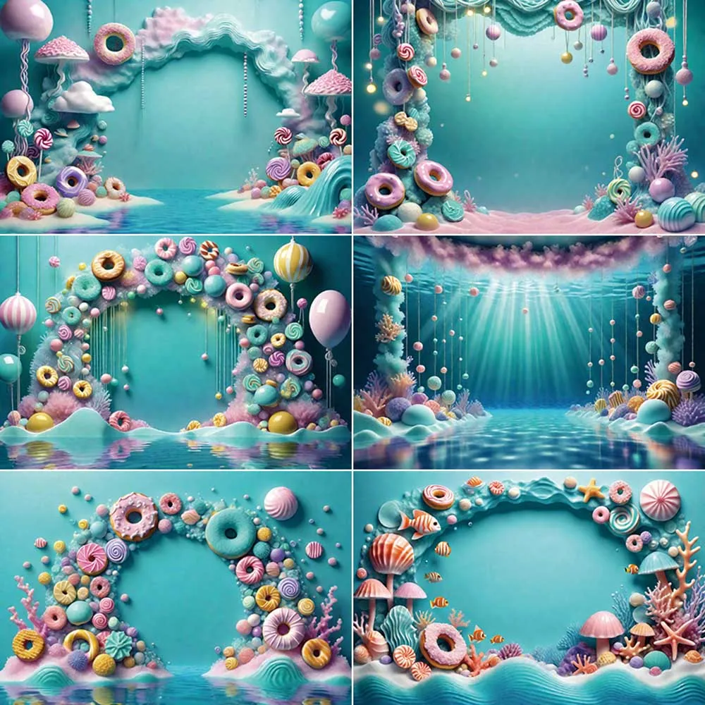 

MOON.QG Ocean Undersea Baby Birthday Party Photozone Backdrop Summer Candyland Doughnut Background Sign Blue Photography Props