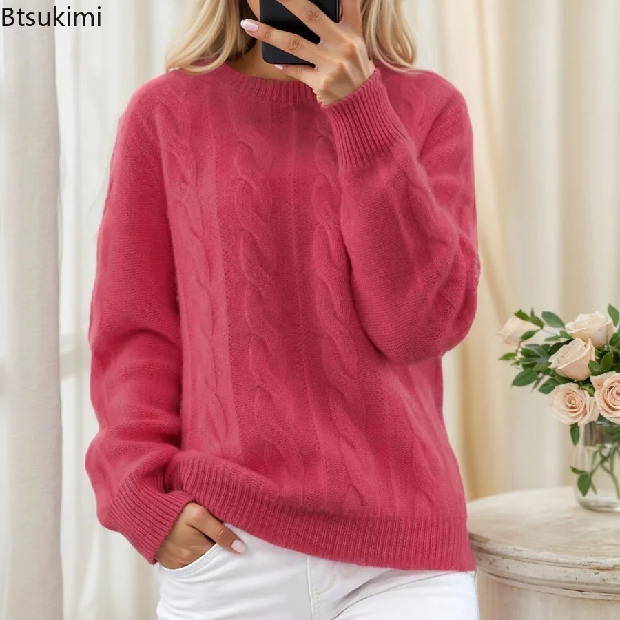 

2025 Autumn Winter New Women's Solid Jacquard Knitted Sweater Long Sleeve Round Neck Pullover Tops Casual Loose Vintage Clothes