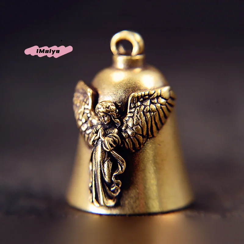 M-Brass Vintage Cross Guardian Angel Wings Bell Motorcycle Bell Keychain Men's Biker Exorcist Amulet Lucky Jewelry Accessory