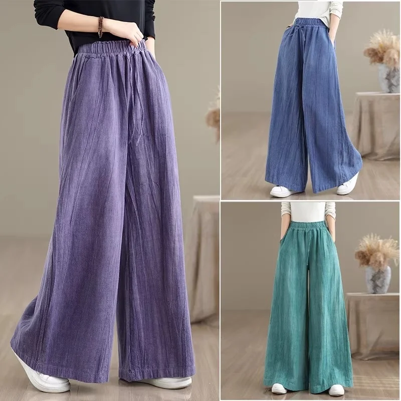 Handmade Tie Dye Cotton Linen Pants Women 2026 Spring, High Waist Artistic Retro Straight Loose Trousers, Versatile Casual w2221