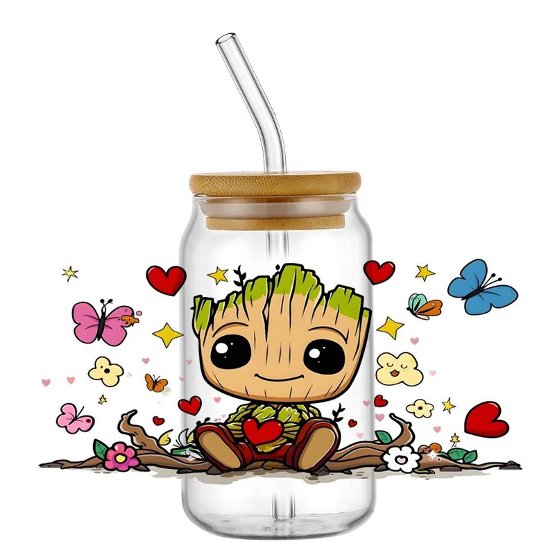 Miniso Groot Cartoon Super Hero Racing For Libbey 16oz Can Glass 3D Transfer Decal Sticker Labels DIY Logo Waterproof