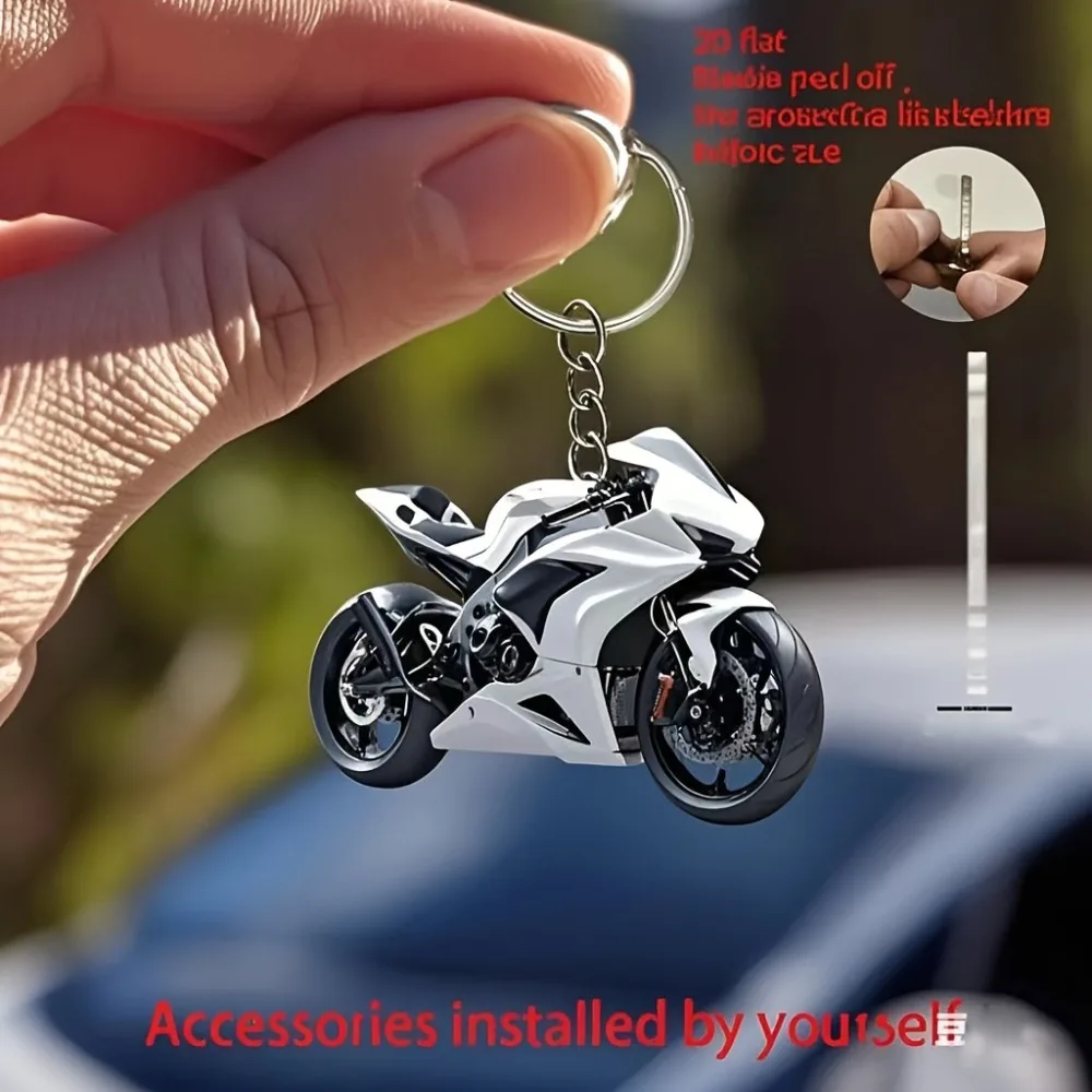 Porte-clés Moto Sportive 2D en Acrylique Blanc avec Motif Moto de Course, Pendentif pour Rétroviseur de Voiture, Cadeau pour les Amateurs de Moto