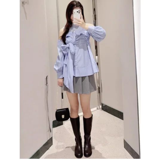 

Новый комплект из двух предметов: вязаный топ с открытыми плечами и брюки, женский повседневный стиль, шелково-хлопковая смесь, длинный рукав