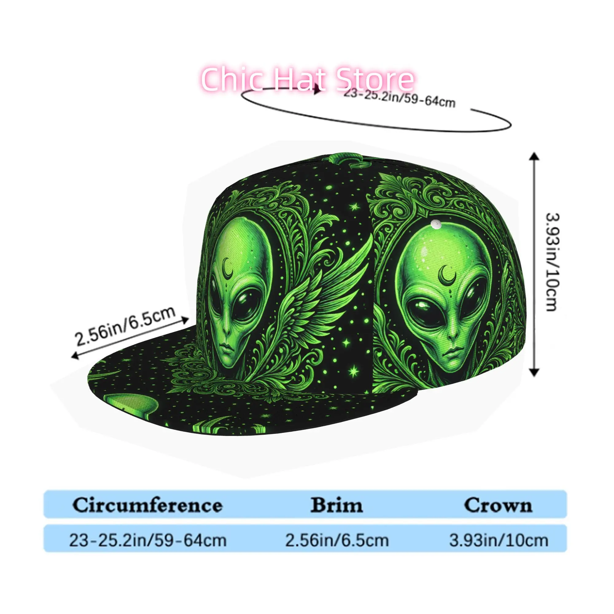 Neon Green Alien Ornate Frame Pattern, Unisex All Over Print Flat Brim Baseball Cap, Hip Hop Streetwear Snapback Hat for Skatebo