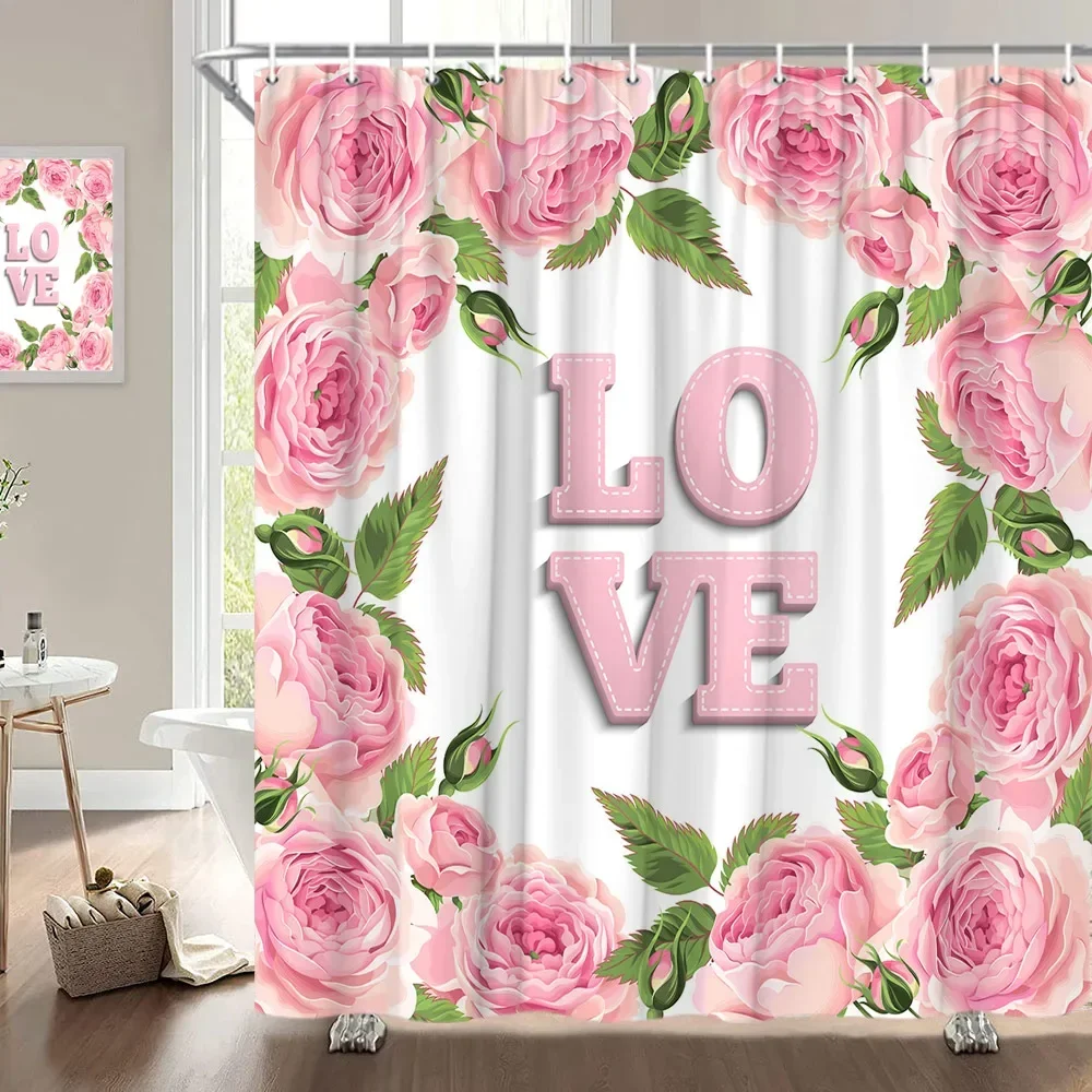 

Valentine's Day Shower Curtain, Rose Flower Heart Romantic Plant Love Lipstick Polyester Printed Fabric Bathroom Decoration