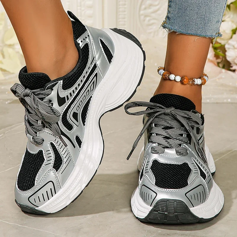 

Lucyever 2024 Silver Chunky Platform Sneakers Women Trendy Lace Up Breathable Sports Shoes Woman Comfy Thick Bottom Dad Shoes