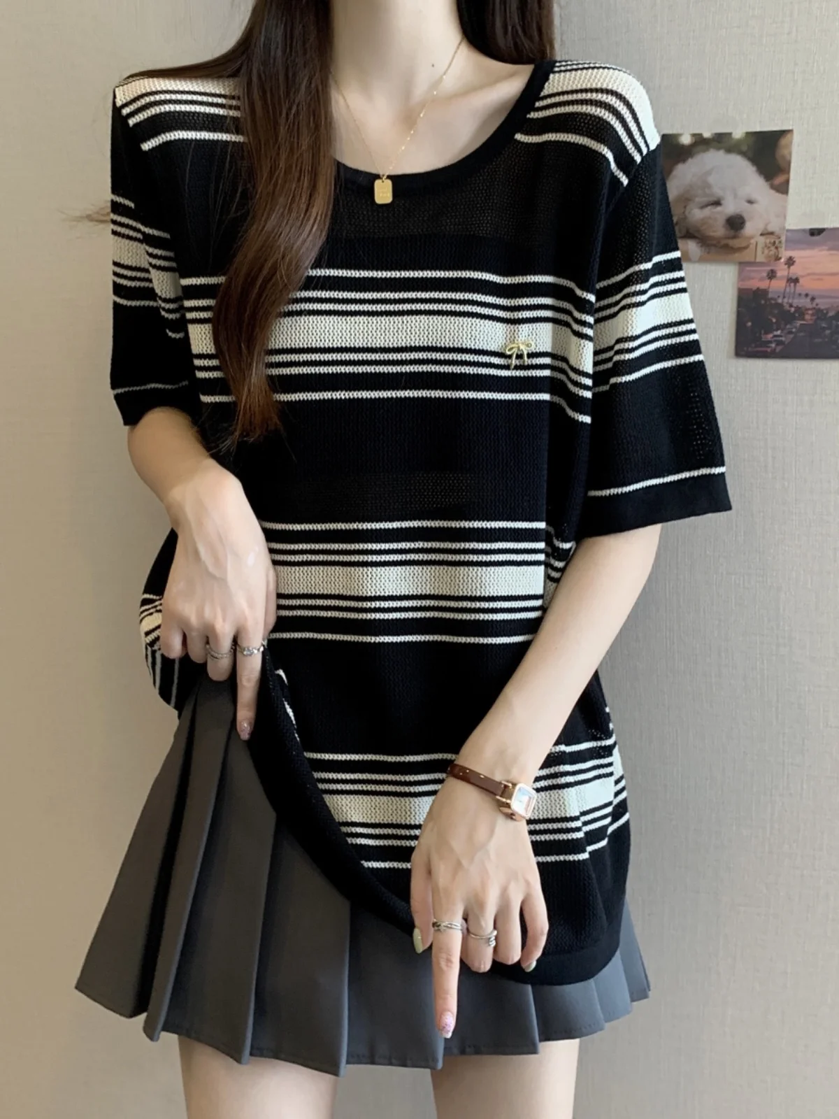 Loose Short Sleeve Ice Silk Knitted T-Shirt Women Summer Large Size Stripe Base Shirt plus Size MM Slimming Back Hollow out Top