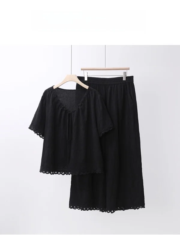 

Женский летний комплект Fatmm больших размеров: черные брюки и футболка из чистого хлопка с коротким рукавом, модный повседневный стиль