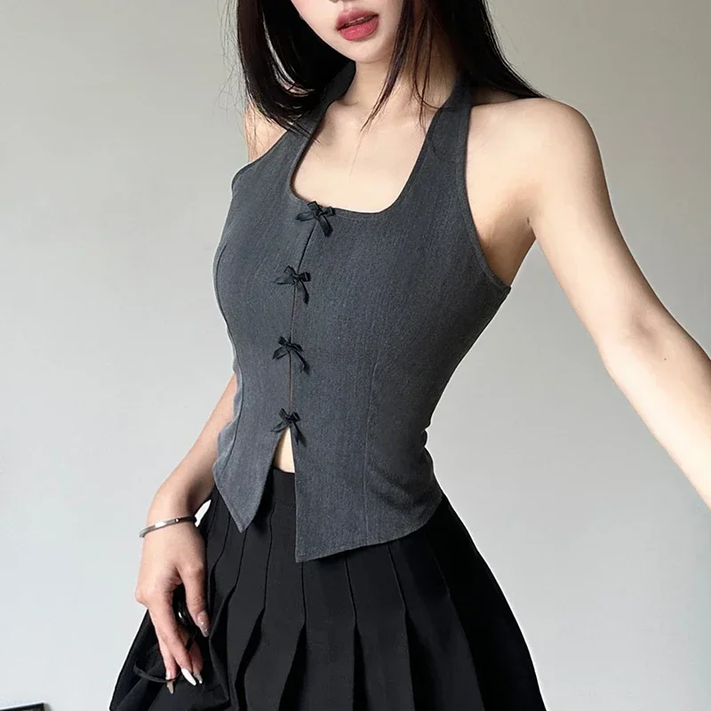 

Grunge y2k Grey Sleeveless Slim Split Vest Women Bow Stitched Halter Tank Top Chic Fashion Crop Tops 90s Vintage Clothes