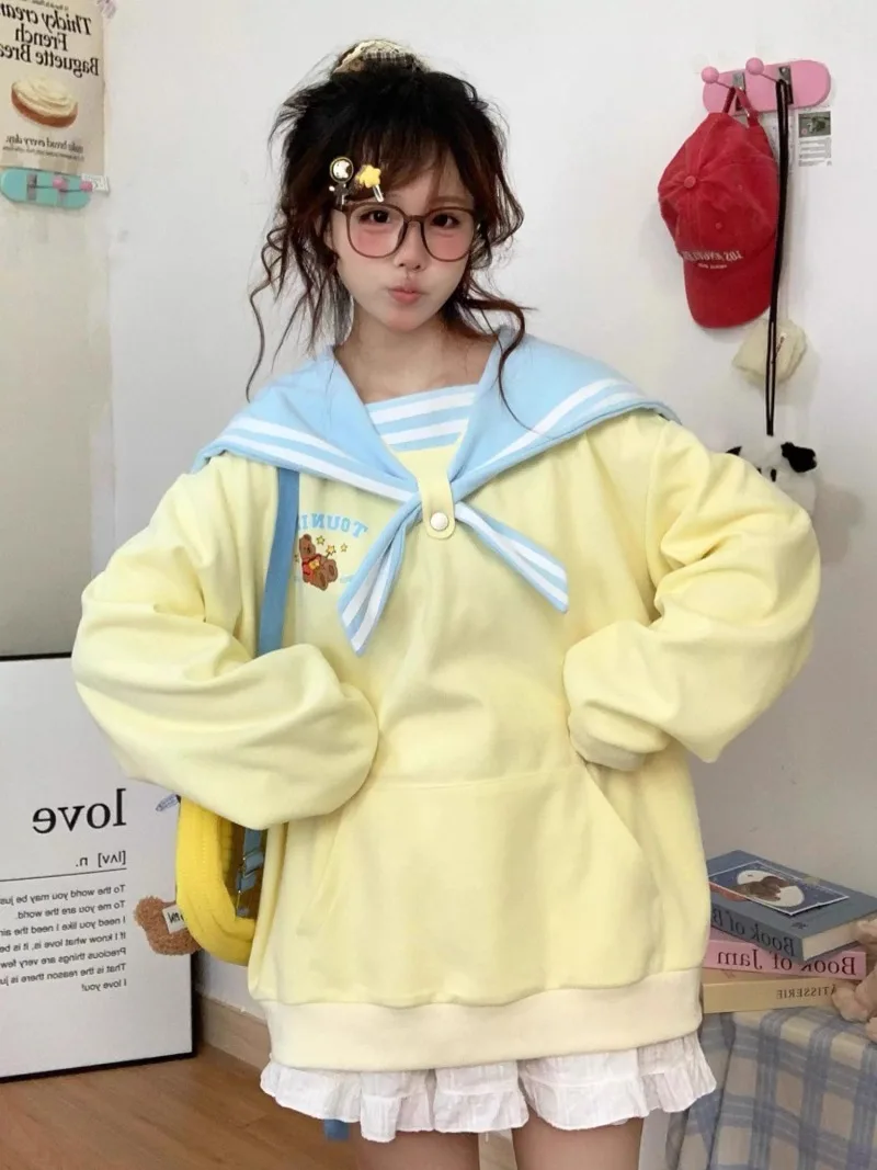 Autumn Navy Collar Multi-color Cute Cartoon Bear Print Long-sleeved Sweater Women