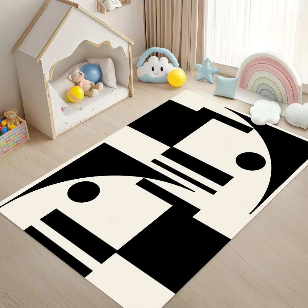 Black White Abstract Pattern Cute Cat Carpet Modern Playful Style Easy Clean Rug for Living Room Kids Bedroom Home Decor