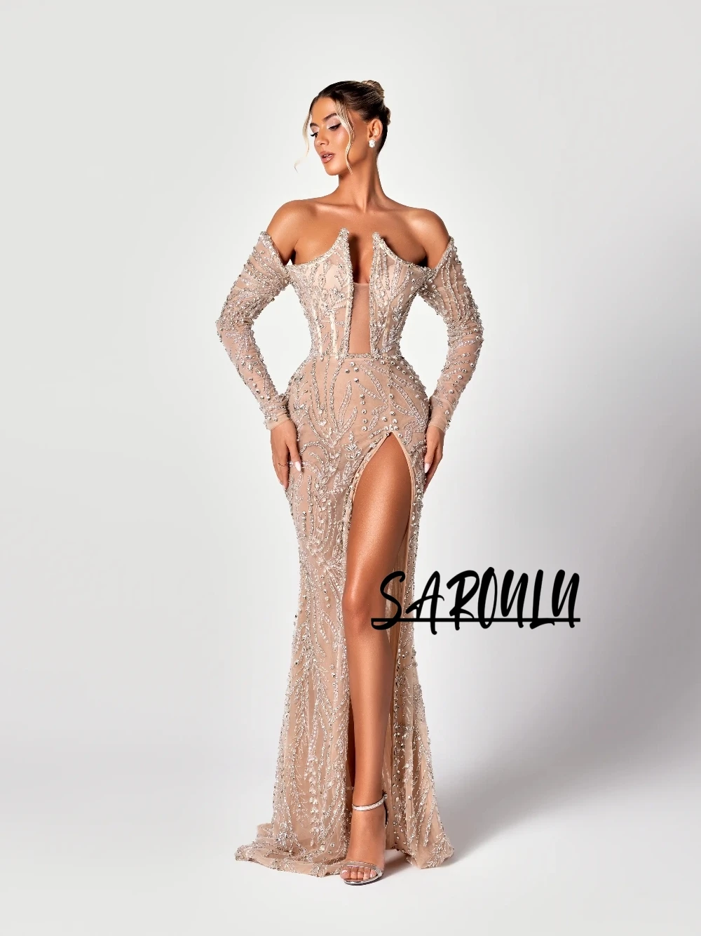 

2026 Eye-catching Beaded Glitter Evening Dress Customized Beautiful Sexy High Slit Galas Plunge Neckline Corset Prom Gown