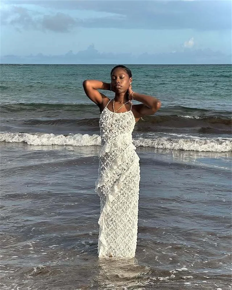 Verão branco renda vestido de baile feminino sexy cinta sem mangas sem costas longo robe casual quente menina praia férias babados vestido de festa