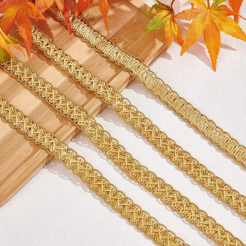 12m/13 Yards Golden Gimp Braid Trim, 15mm/0.6 inch Decorative Woven Braid Trim Sewing Centipede Lace Ribbon Polyester Upholstery