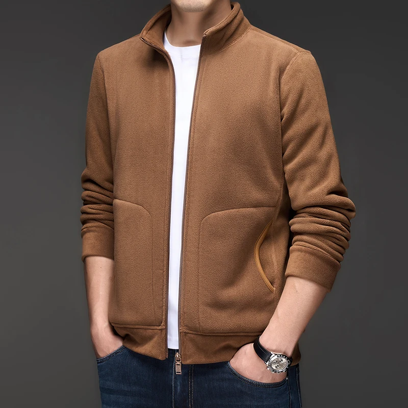 

High quality autumn winter new men's long sleeves coat velvet casual warm zipper cardigan top solid color stand up collar jacket