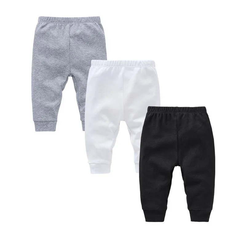 Baby Pants Boy Girl 3-Pack 100% Cotton Trousers Solid Color Elastic Waist Straight-Leg Pants For Infant Spring Autumn 0-12Months