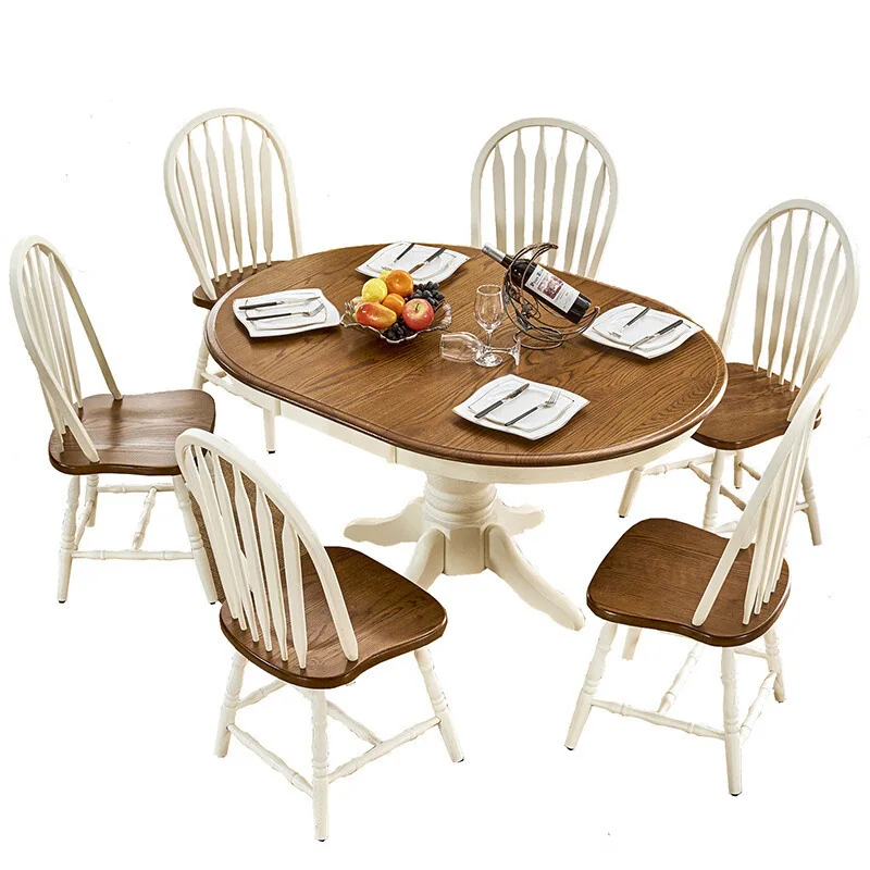 Solid wood round table dining table and chairs, retractable folding round American variable round table