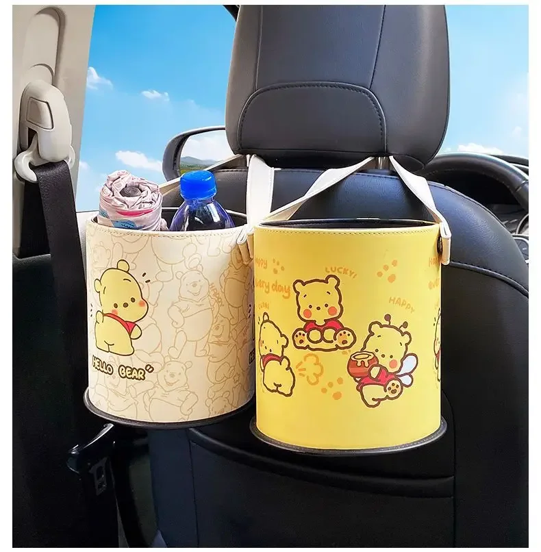 MINISO Sanrio PachaDog Car Hanging Small Trash Can Cartoon Disney Winnie The Pooh Pattern Storage Bucket Car Indoor Decoration