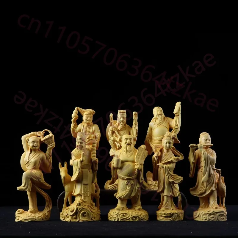 

Hand-Carved Boxwood Eight Immortals Statue - 6.1x2.6x2.2" Feng Shui Figurine for Home Decor, Living Room, Entrance Display