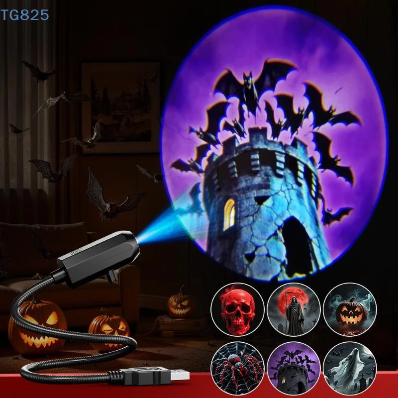 【AN】USB Halloween Projector Light 6 Switchable Patterns Rotatable LED Lamp for Haunted House Party Atmosphere Decor