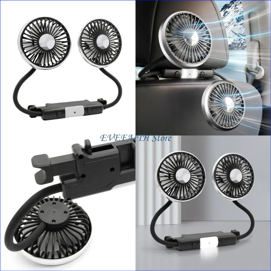 124B Car Cooling Air Fan USB Double Head Car ElectricCooling Air Fan for Rear 360 Degree Rotatable with LED