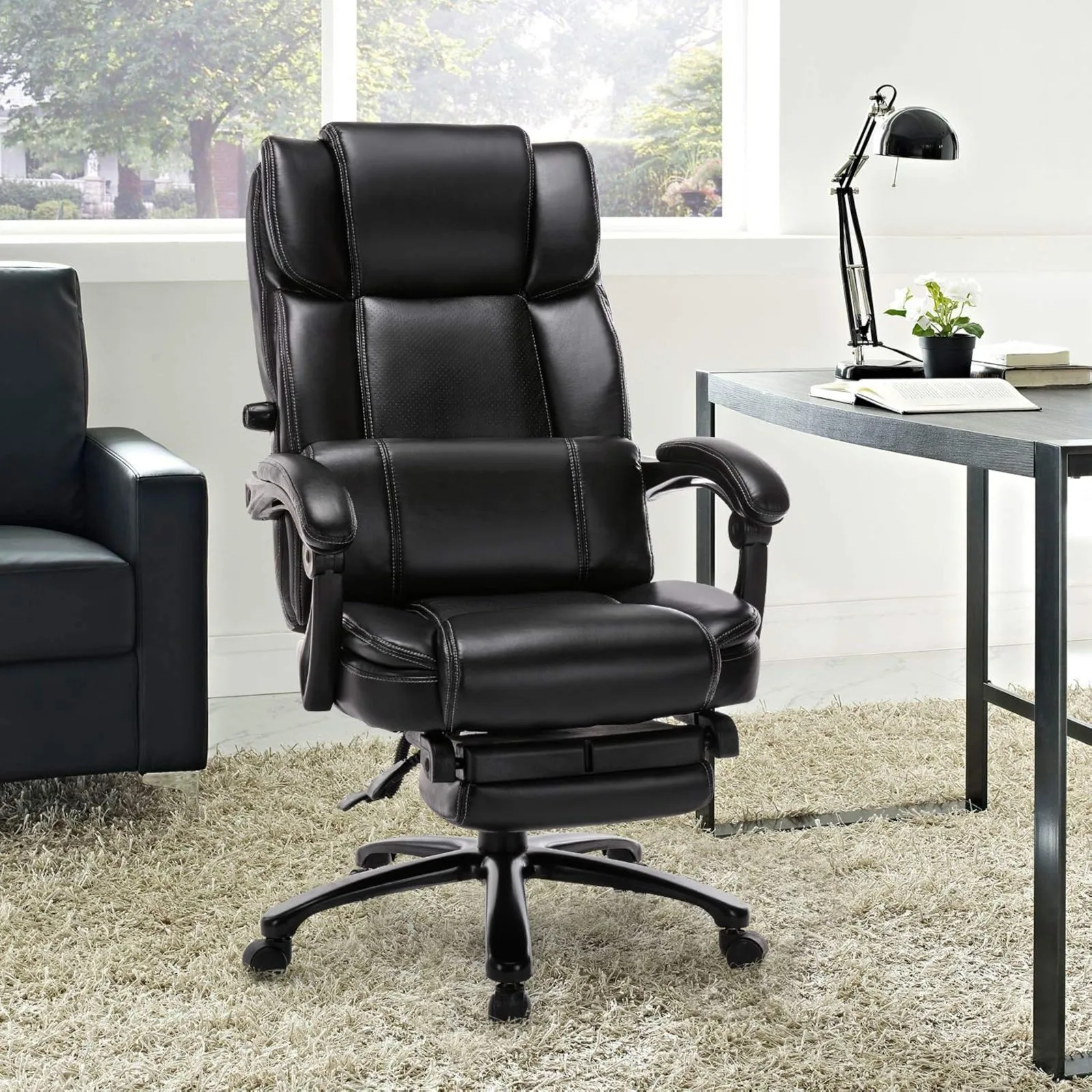 US Reclining Office Chair with Footrest, Big Tall Bonded Leather Adjustable Tilt Angle Height Lumbar Support High-Back Home