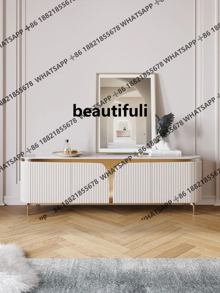 

TV cabinet, living room, large capacity creative stainless steel rounded storage cabinet combination