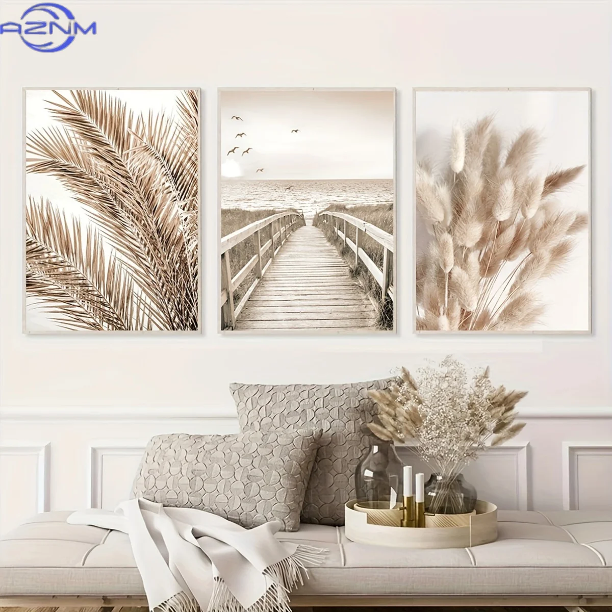 2D Flat/2D Flat/3pcs Modern Beige Bohemian Leaf Grass Beach Pier Landscape Paintings/Canvas Art/Minimalist Style Wall Mural/Livi