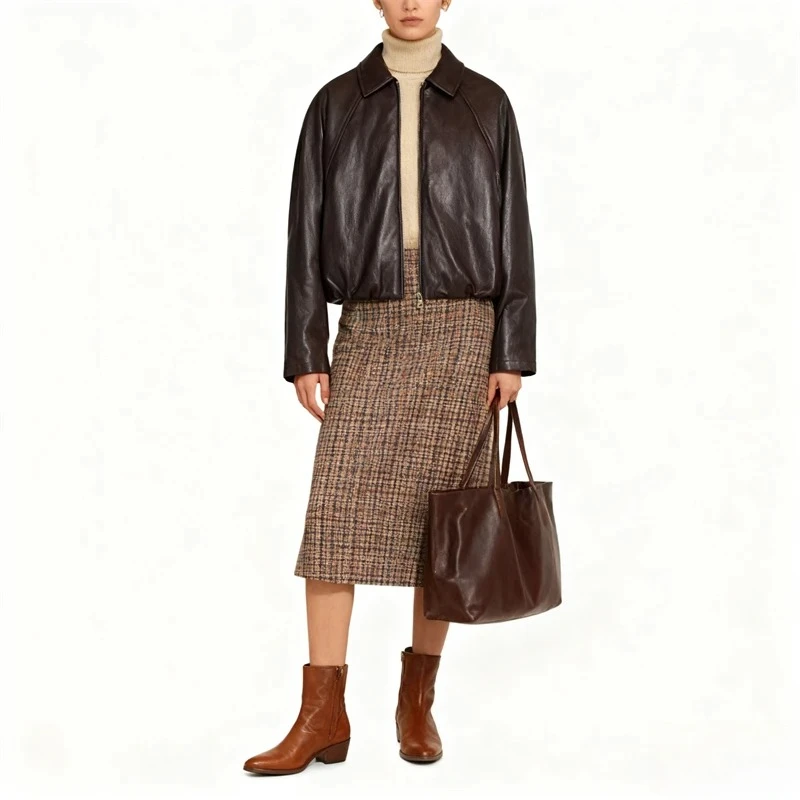 ملابس خارجية بتصميم عتيق لخريف وشتاء سترة من الجلد الصناعي للنساء، معطف قصير بياقة غامضة وأزرار سفلية