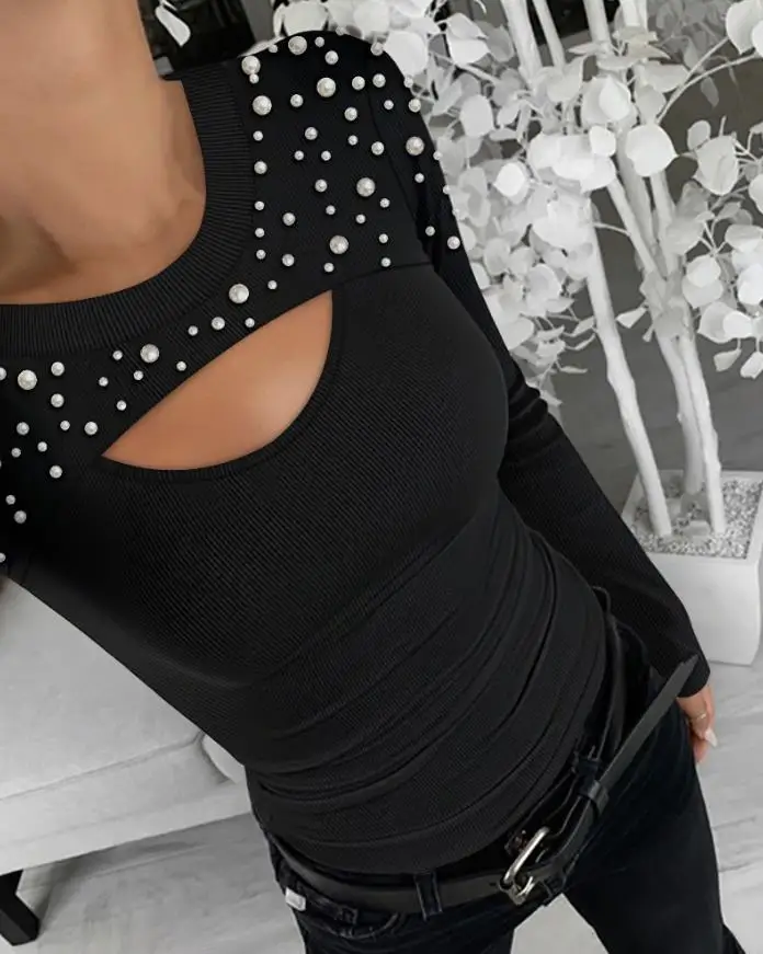 2025 Autunno Inverno New Fashion Casual Sexy Strass Decor Farfalla Scava Fuori Manica Lunga Tee Slim Fit A Coste Stratificazione Top