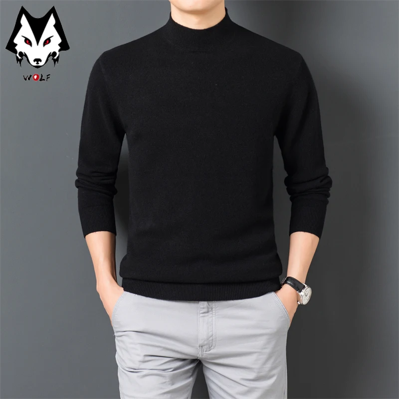 New Men's Casual and Fashionable Solid Color Long Sleeved Mid Neck Sweater Warm and Versatile Top for Autumn and Winter