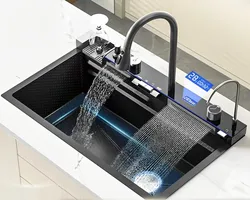 Stainless Steel Kitchen Sink with Faucet Digital Display Large Single Bowl Waterfall Rain 5 Functions System Dish Basin Sink