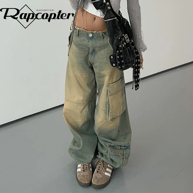 

Rapcopter y2k Tie Dye Cargo Jeans Big Pockets Low Waisted Baggy Trousers Women Streetwear Korean Fashion 2000s Pants Aesthetic