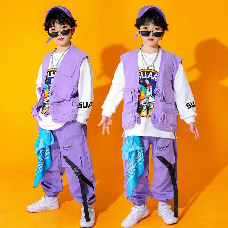 Kinder Hip Hop Sets Lila Weste Cargo Hosen Mädchen Streetwear Jungen Street Dance Jogger für Kinder Jazz Kostüm Kleidung