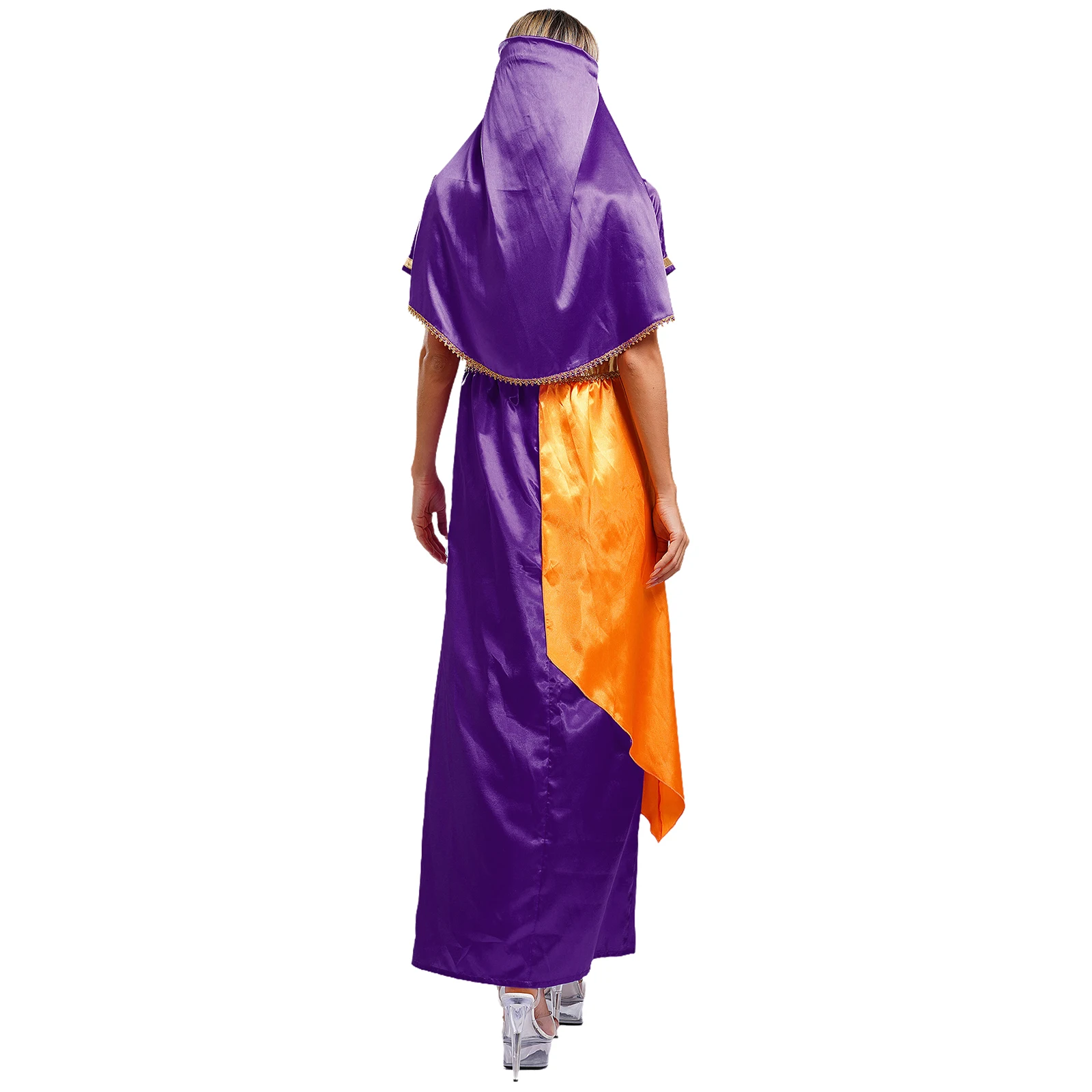 Costume de cosplay de princesse arabe pour femme, robe satinée fendue sur le côté, manches courtes, voile, vêtements de performance de danse arabe, Halloween