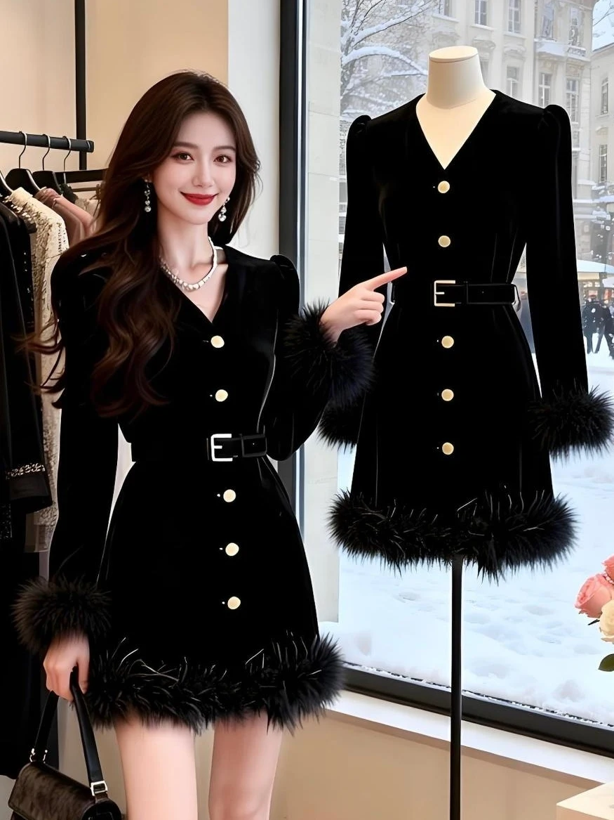 

Velvet Hepburn Sle Little Bla Dr V-Ne Luxury Winter Faion New Year's Dr Women's High-End Sensation A-Line Skirt