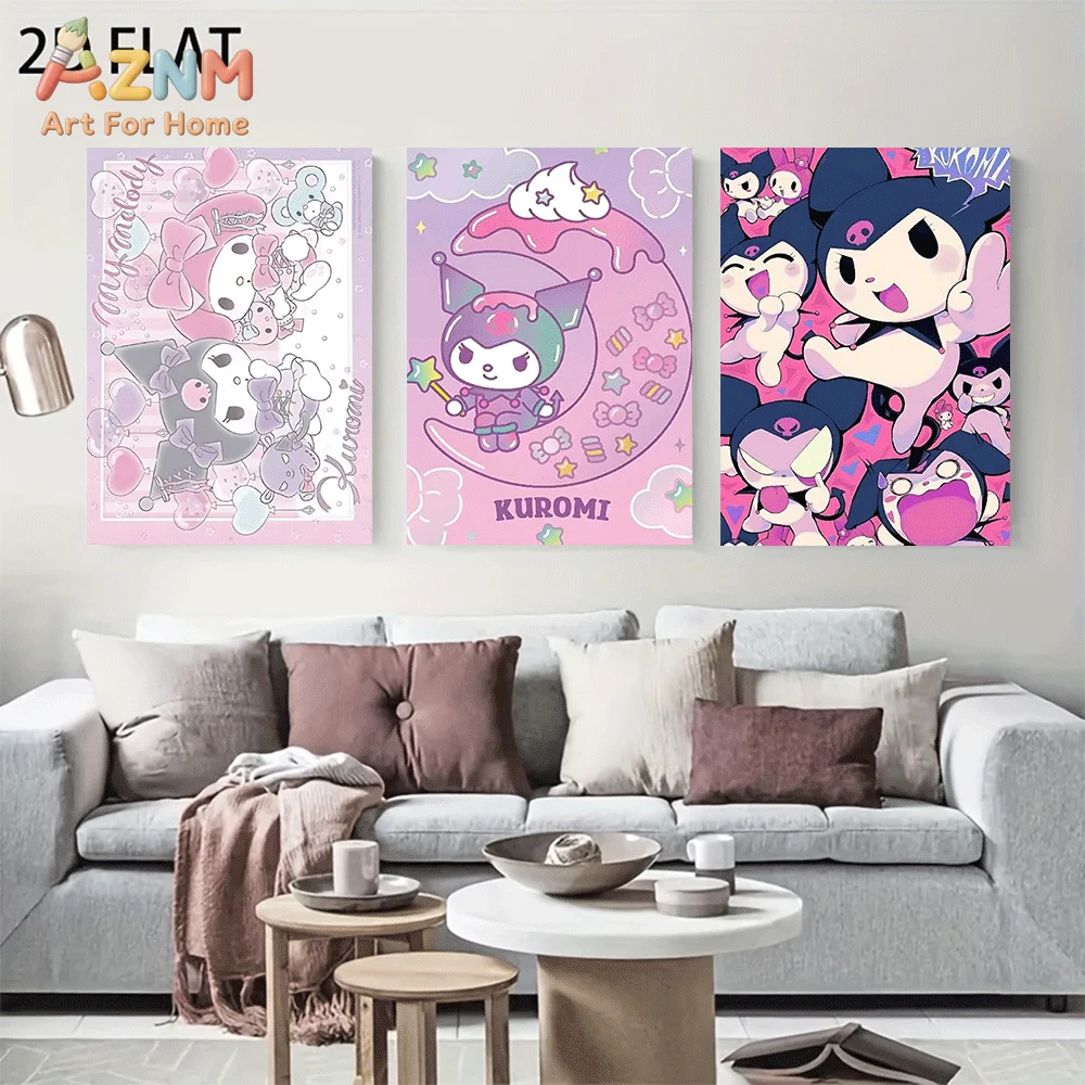 AZNM Sanrio Kuromi Canvas Wall Art Unframed Cute Cartoon Candy Moon Sweet Pink Purple Style Character Print Painting Girls Bedro