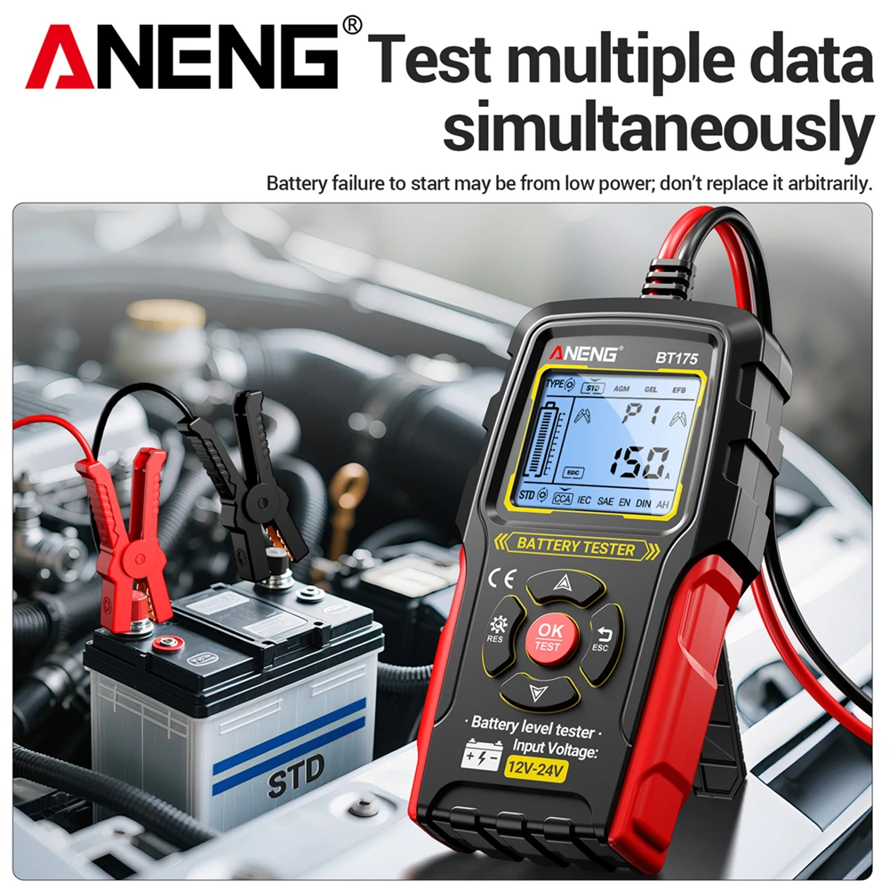 ANENG BT175 12V 24V Car Battery Tester Digital Alternator Automotive Analyzer Display Screen With Insulated Alligator Clip Tools