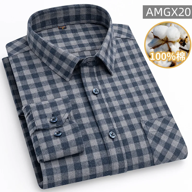 C203New giacca camicia a maniche lunghe spazzolata da uomo in puro cotone, camicia a quadri in cotone casual primaverile e autunnale di mezza età