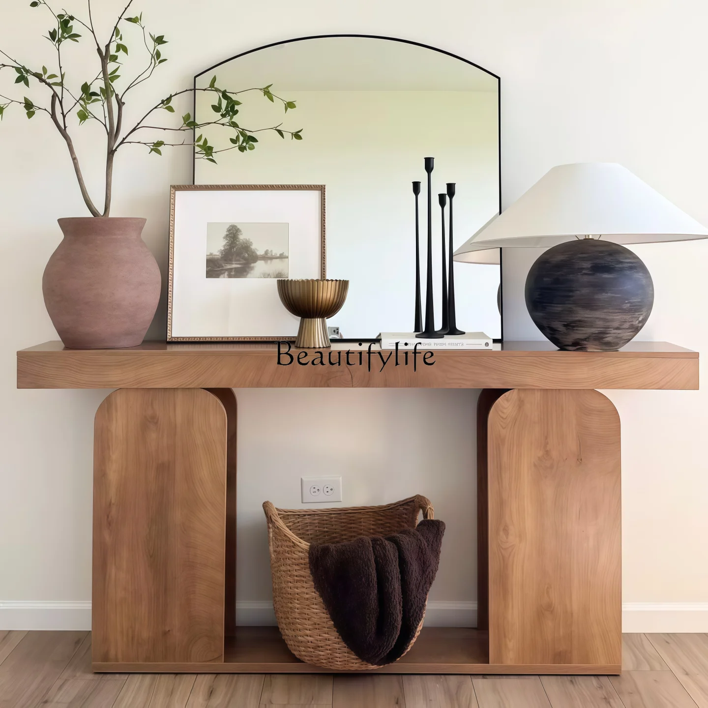 

Retro log style solid wood porch table household against the wall Designer porch table French entry against the wall