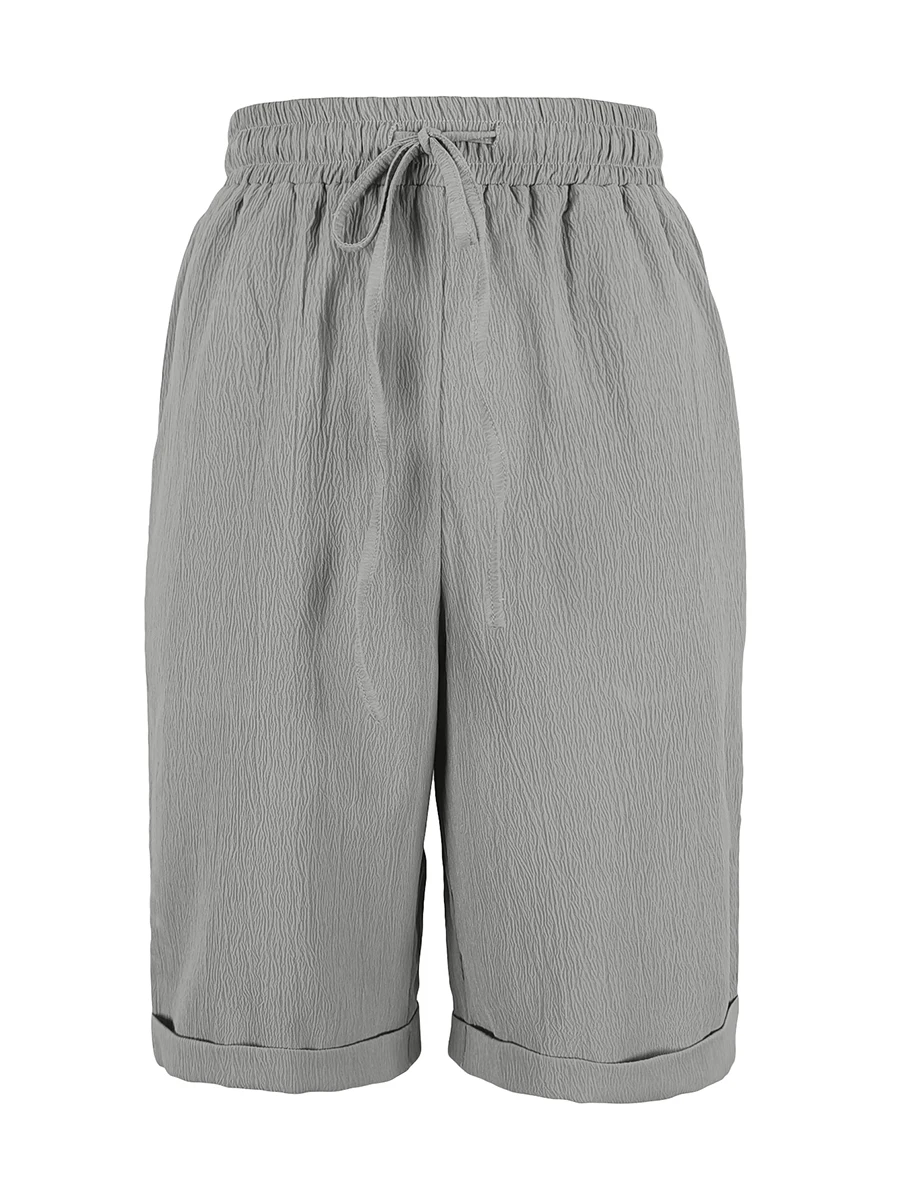 Women Plus Size Summer Casual Capris Loose Gray Drawstring Elastic Waist Cropped Pants With Pockets Knee Length Trousers Female