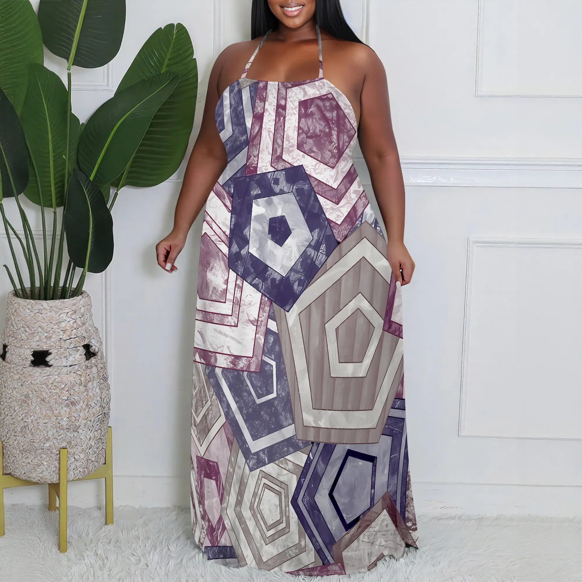 

EQQZD Plus Size Stylish Casual Halter-neck Maxi Dress, Modern Minimalist Geometric Pattern Printed Dress for Women